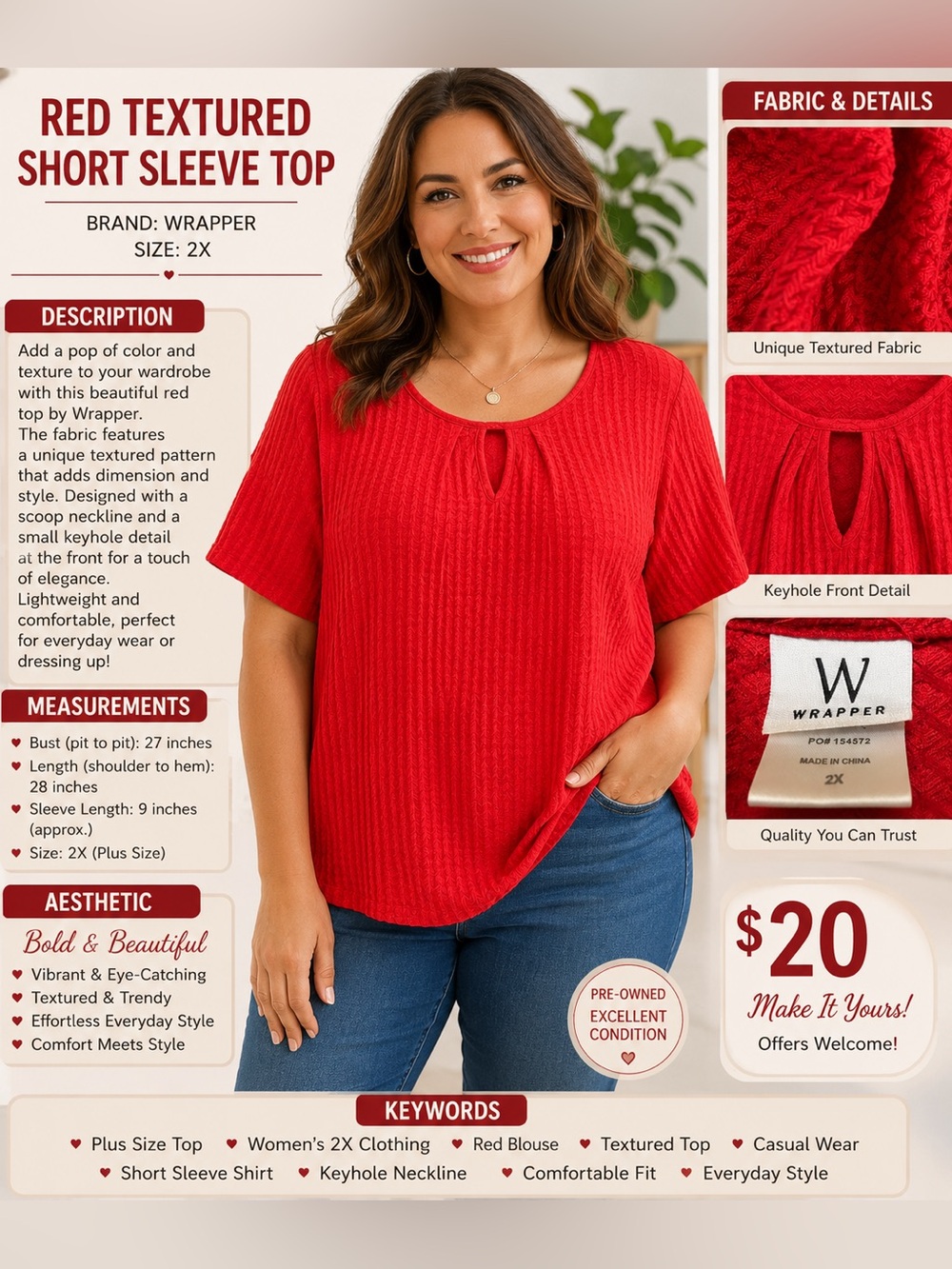 Wrapper Bright Red Short Sleeve Textured Keyhole Blouse